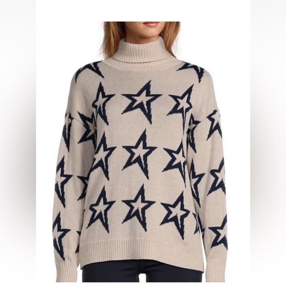 Antonio Melani Beige Blue Star Accents Wool Blend Turtleneck Sweater SZ L Casual